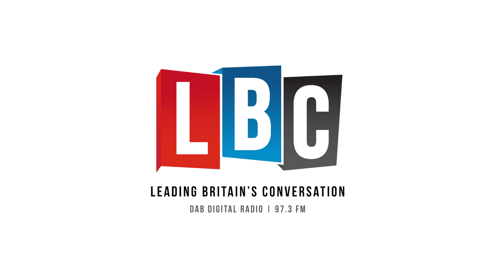 A white background with the words "LBC" each in a red, blue or black container. Under this are the words "Leading Britain's Conversation DAB Digital Radio | 97.3 FM"
