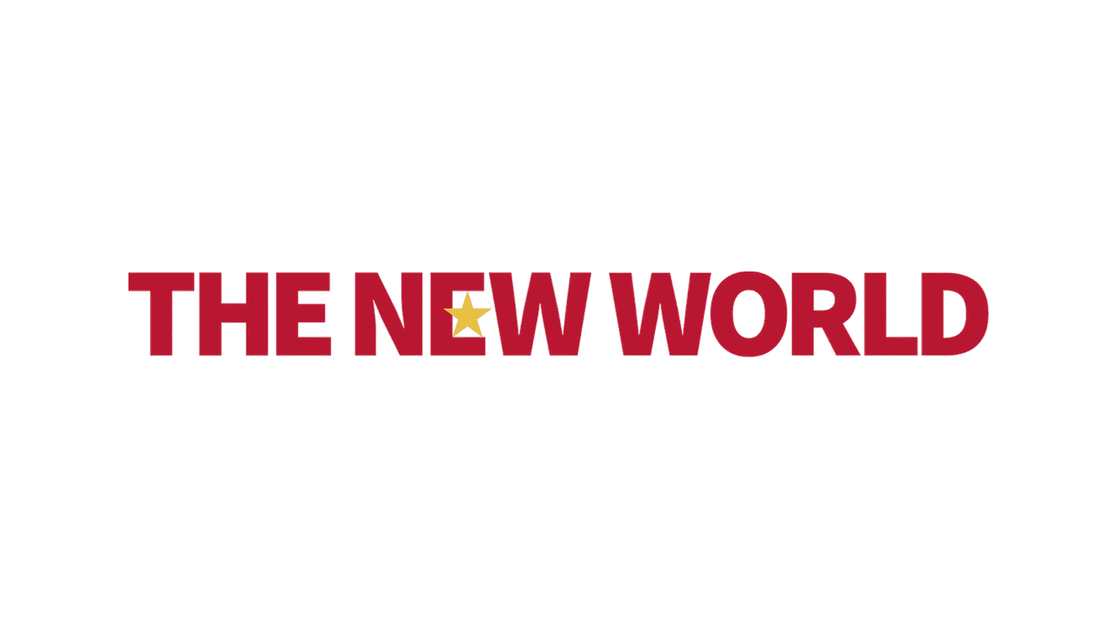 The words "The New World" in red with a star in the middle of the "E" on a white background.