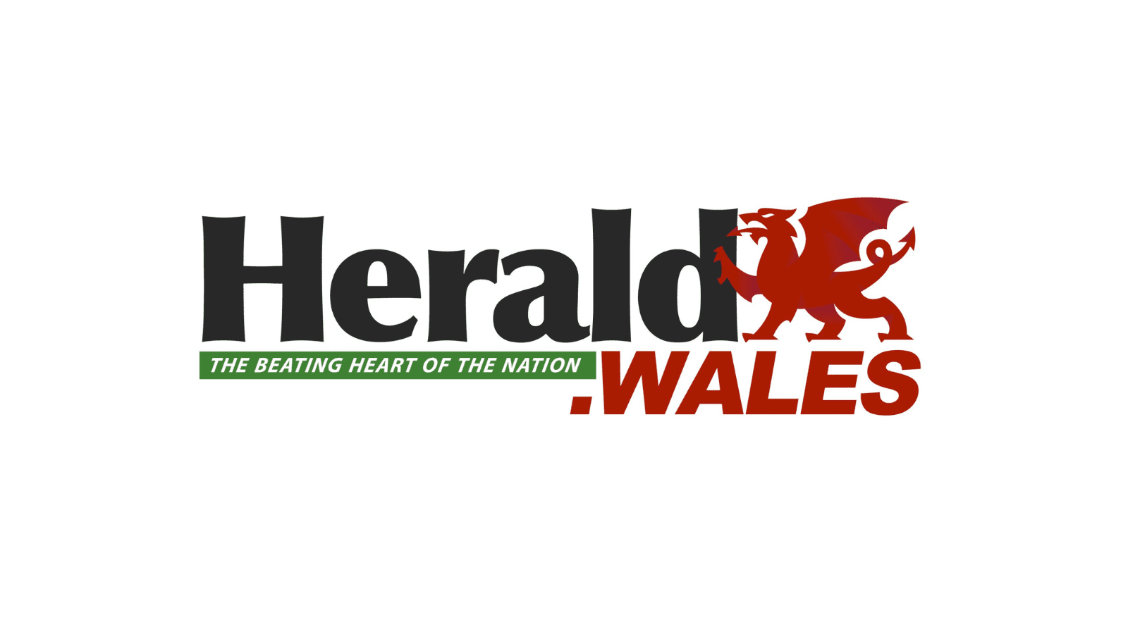 A white background with the words "Herald", ".Wales" in red, and "The beating heart of the nation” in a green box. Next to this is a dragon in red.