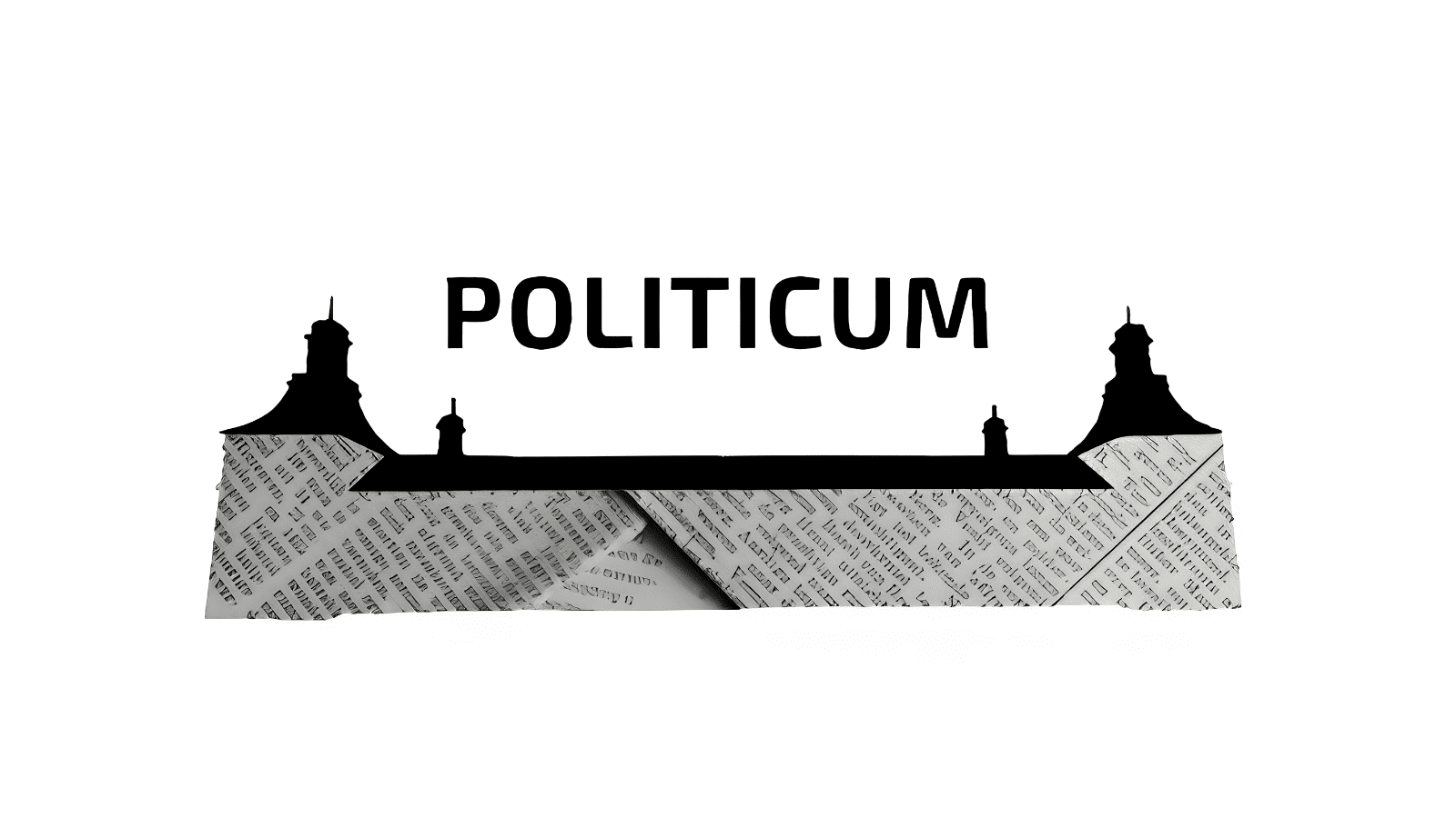 The word "Politicum" with the impression of a black and grey building below. The walls of the building are made from newspaper clippings.
